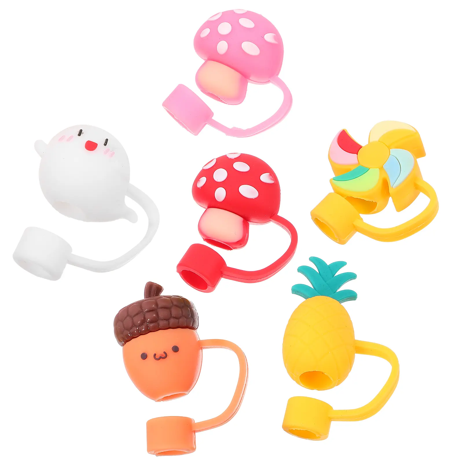 6pcs Silicone Cover Cute Dust Cap Lids Pineapple Dolphin Decor Reusable Straw Tips Toppers Gel Straw Plugs Gifts