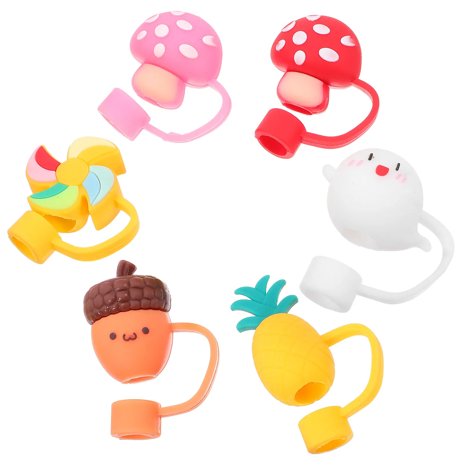 6pcs Silicone Cover Cute Dust Cap Lids Pineapple Dolphin Decor Reusable Straw Tips Toppers Gel Straw Plugs Gifts