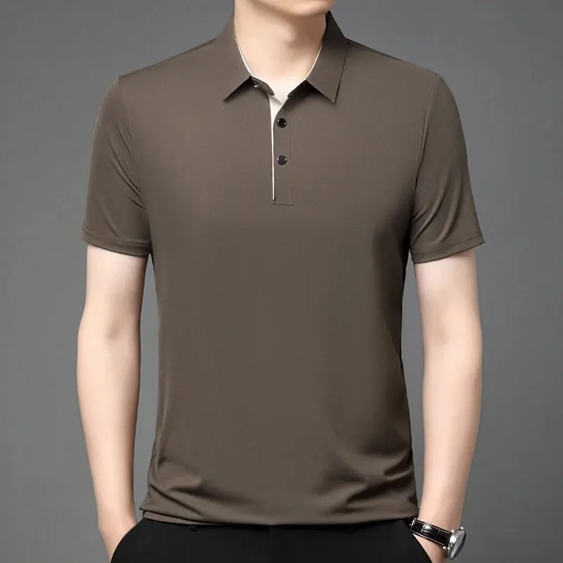 Summer Ice Silk Polo Shirt High-End T-Shirt Solid Color New Half Sleeve Non-Marking Casual Lapels Business Thin Menswear