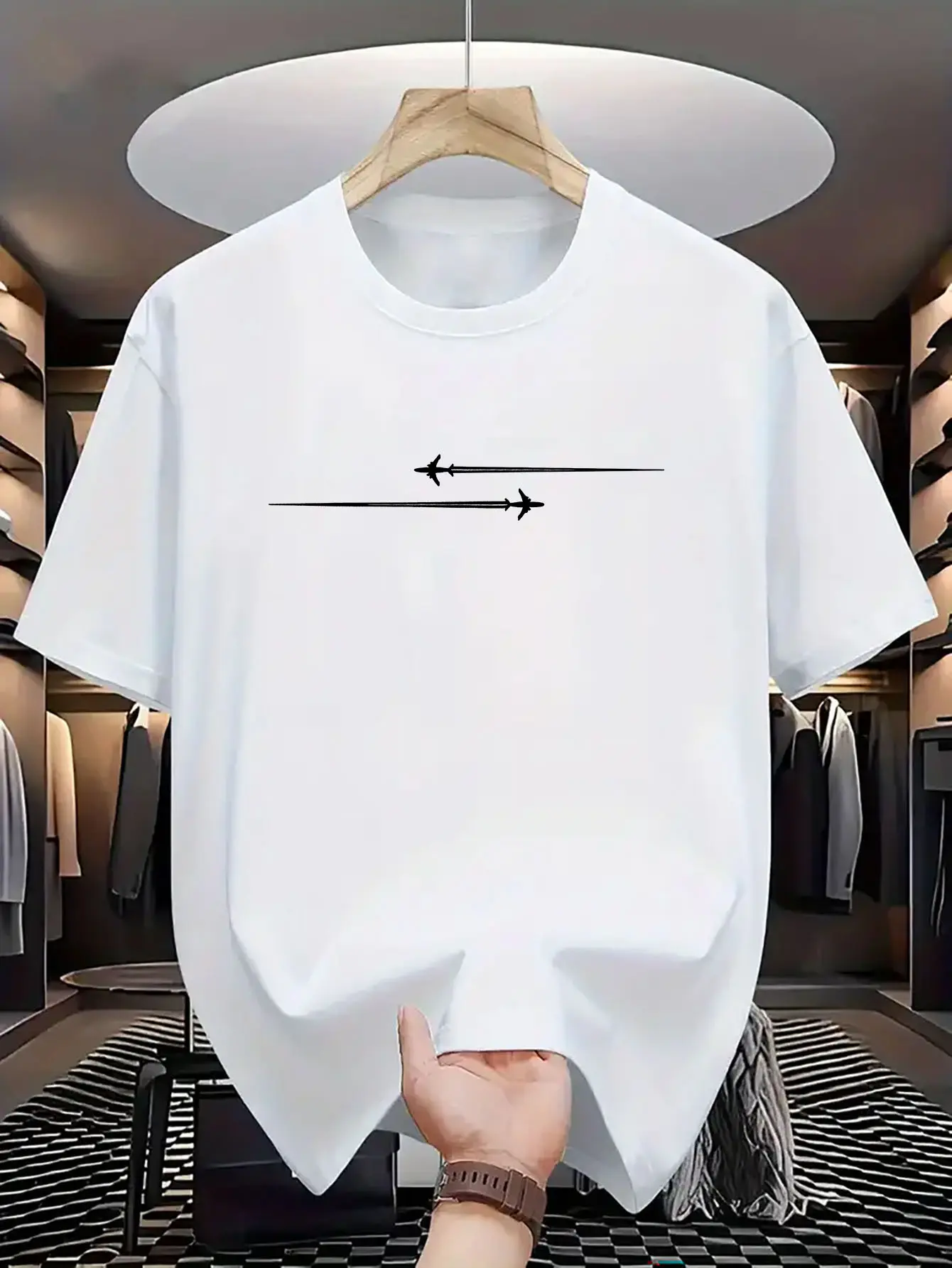 Summer Men's 100% Cotton Casual Loose Large Creative Airplane Pattern Printed Comfortable Sports Round Neck Short Sleeve T-shirt