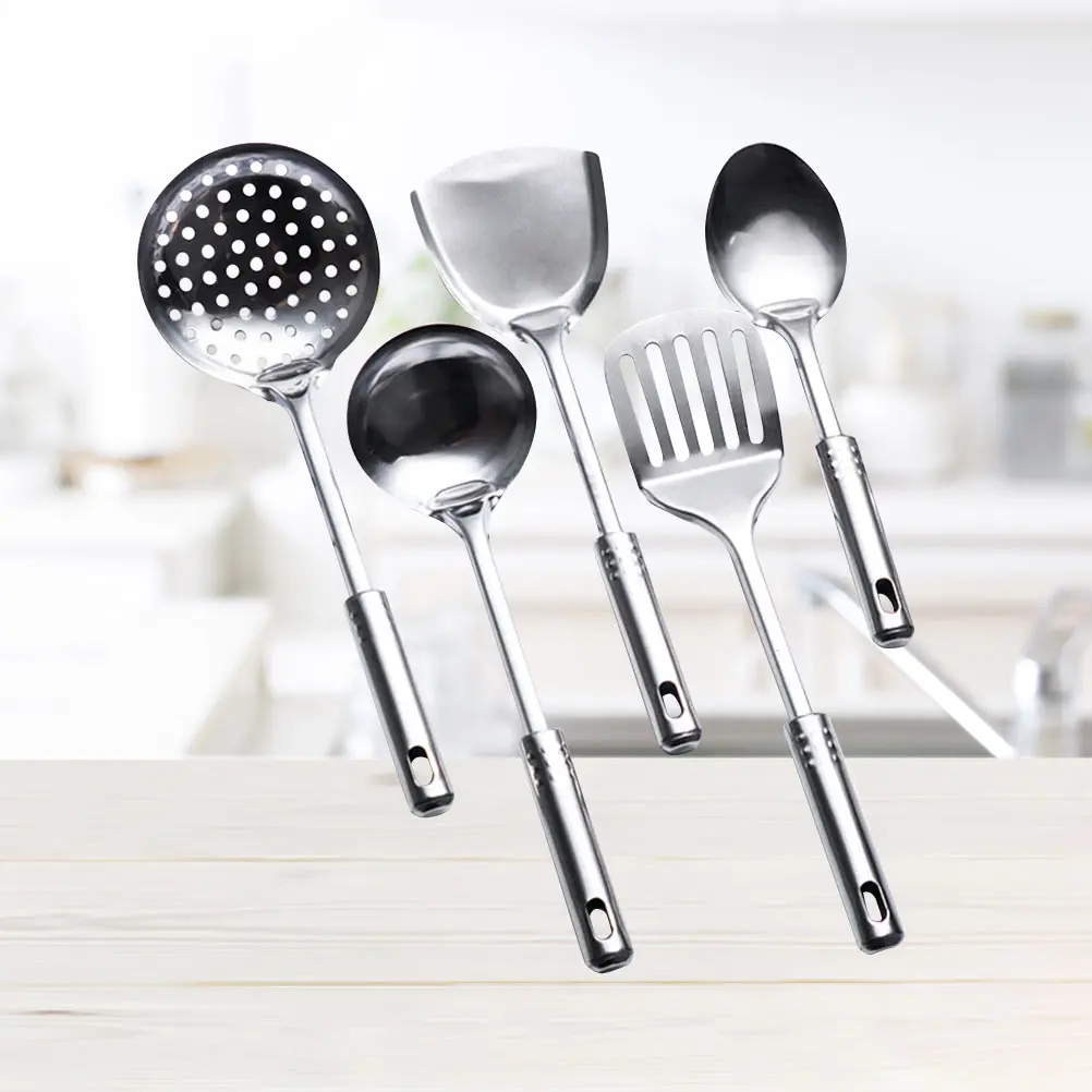 5 Pcs Stainless Steel Cooking Utensils Set Kitchen Tools Spoon Spatula Strainer Easy Grip Space Saving Design
