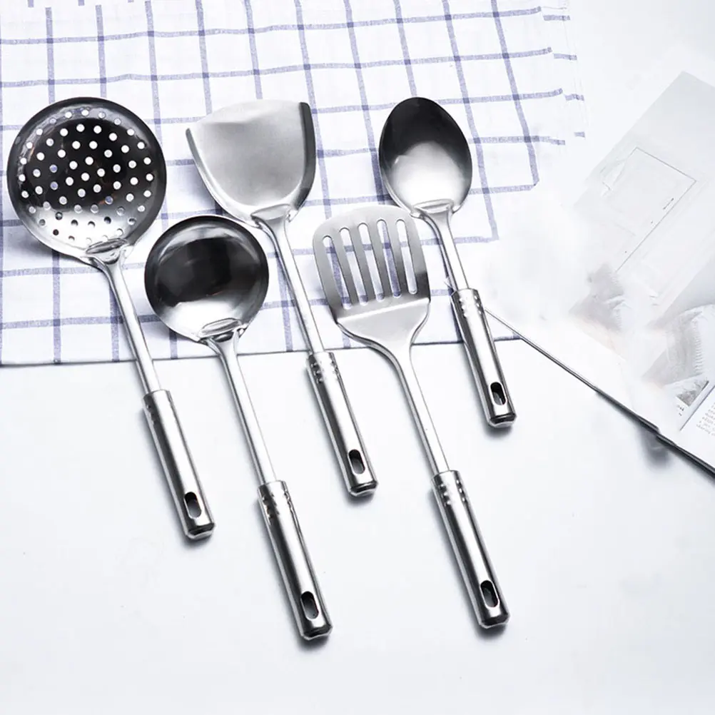 5 Pcs Stainless Steel Cooking Utensils Set Kitchen Tools Spoon Spatula Strainer Easy Grip Space Saving Design