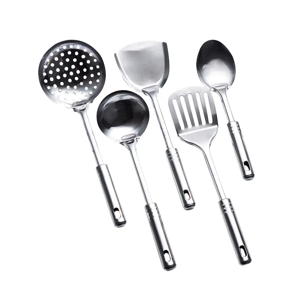 5 Pcs Stainless Steel Cooking Utensils Set Kitchen Tools Spoon Spatula Strainer Easy Grip Space Saving Design
