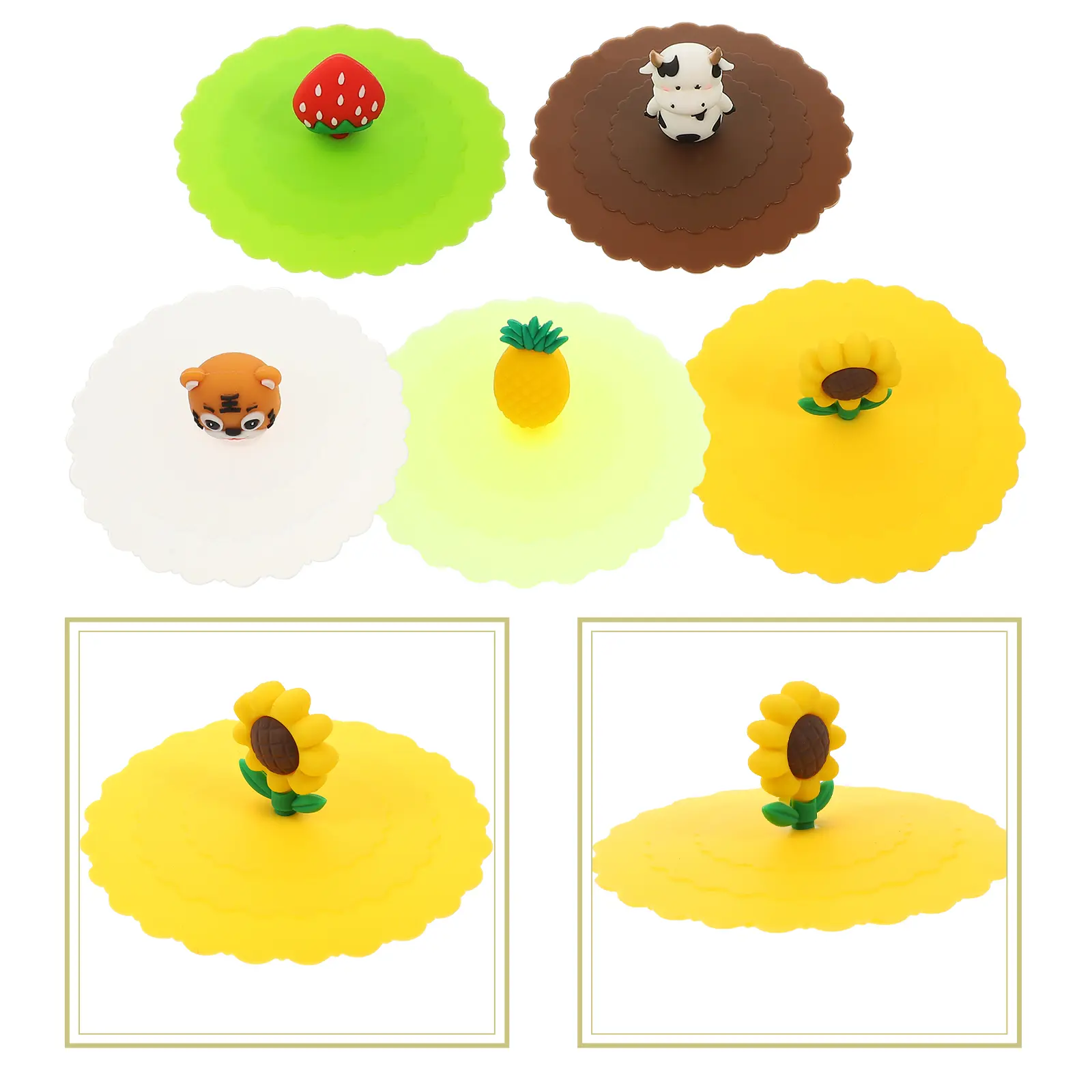 5pcs 10cm Cartoon Silicone Cup Covers Adorable Lids for Kids Drink Mugs Fruit Animal Designs Prevent Spill Keep Clean Kitchen