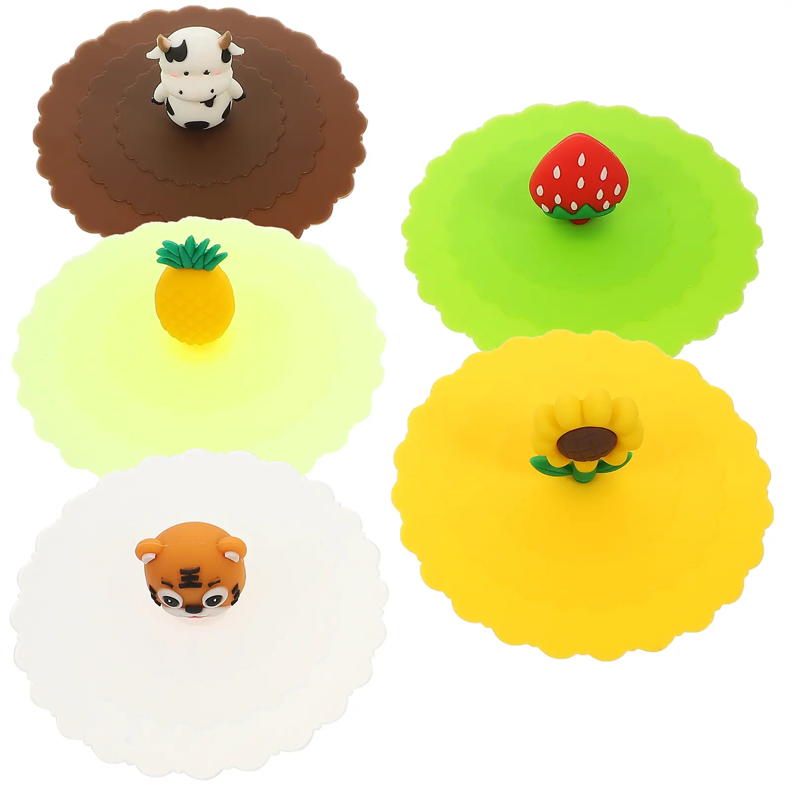5pcs 10cm Cartoon Silicone Cup Covers Adorable Lids for Kids Drink Mugs Fruit Animal Designs Prevent Spill Keep Clean Kitchen