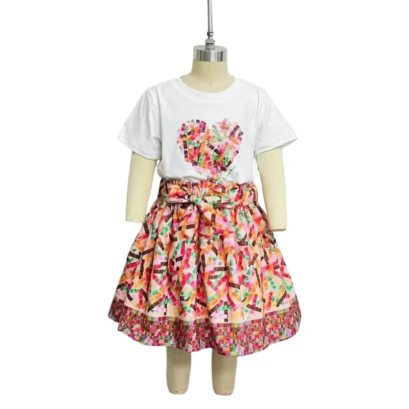 CH High Quality Sweet Kids Fashion Multicolor Long Bar Print T-Shirt Pleated Skirt 2025 New Girls Clothing