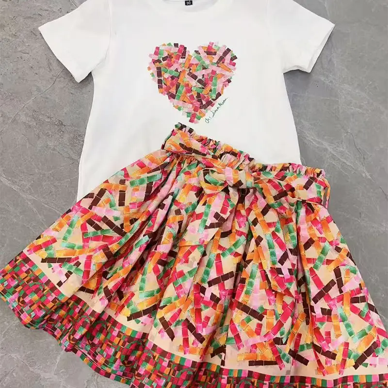 CH High Quality Sweet Kids Fashion Multicolor Long Bar Print T-Shirt Pleated Skirt 2025 New Girls Clothing