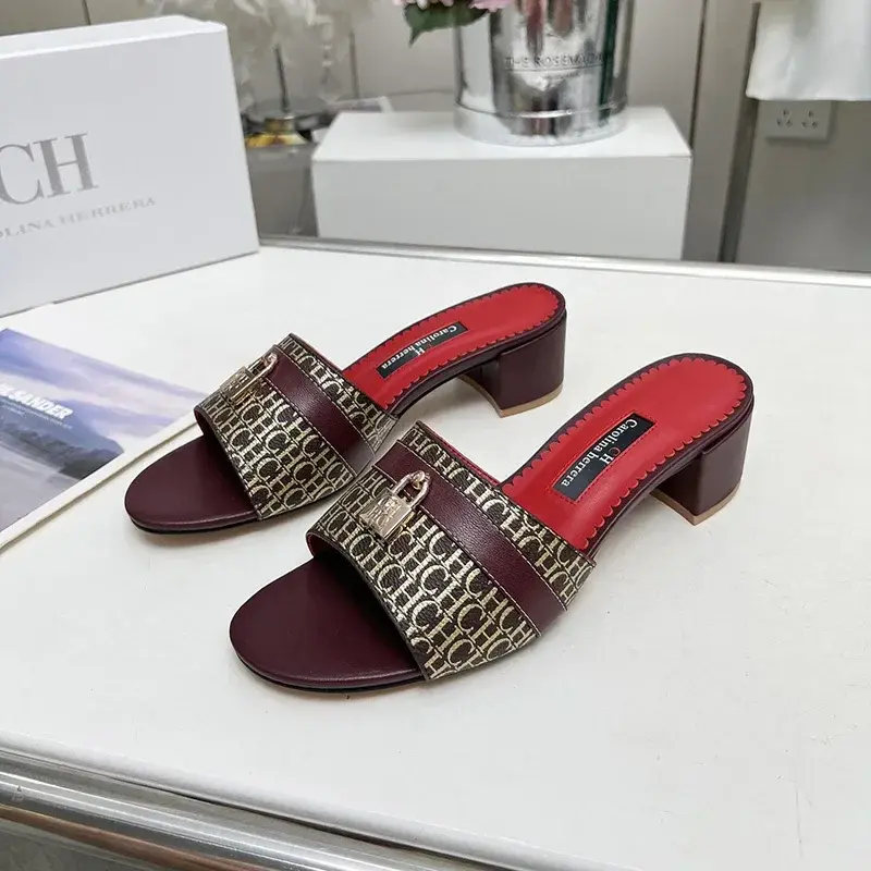 CH Women's Heeled Wearable Slippers Niche Classics Women's Office Slippers Letters Printed Designs Mature Style