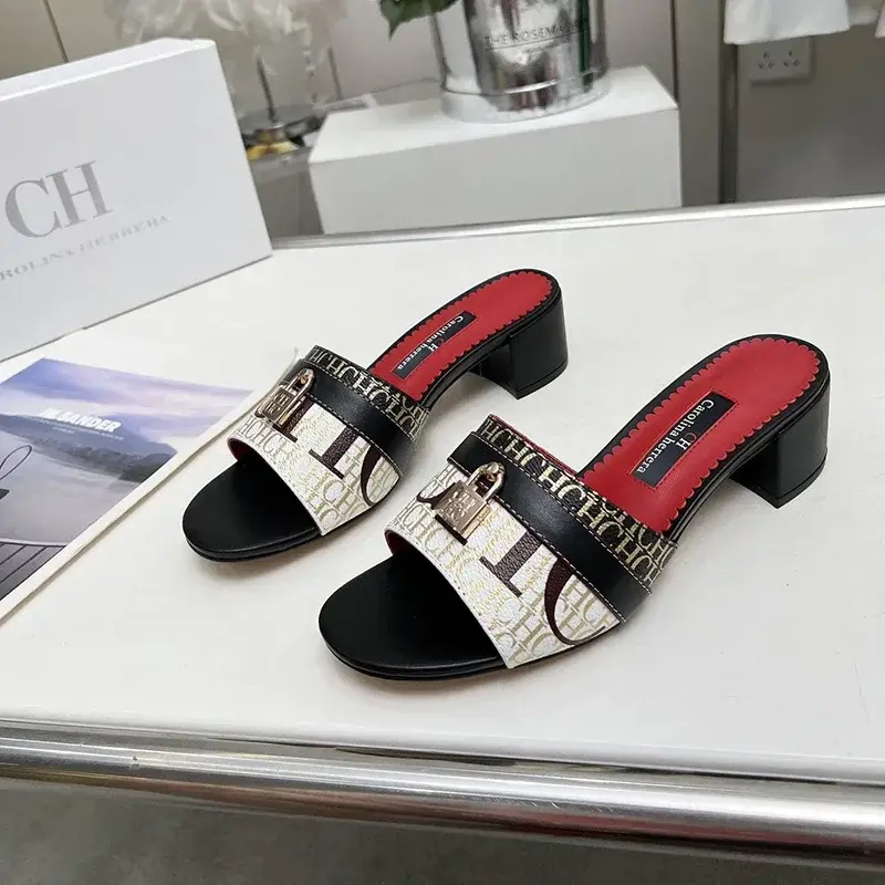 CH Women's Heeled Wearable Slippers Niche Classics Women's Office Slippers Letters Printed Designs Mature Style
