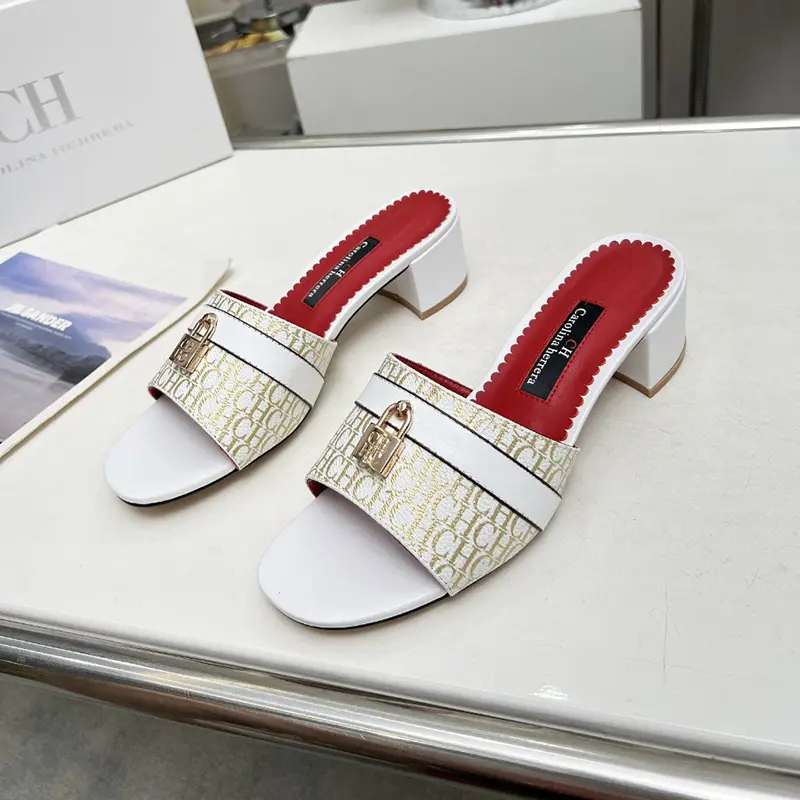 CH Women's Heeled Wearable Slippers Niche Classics Women's Office Slippers Letters Printed Designs Mature Style