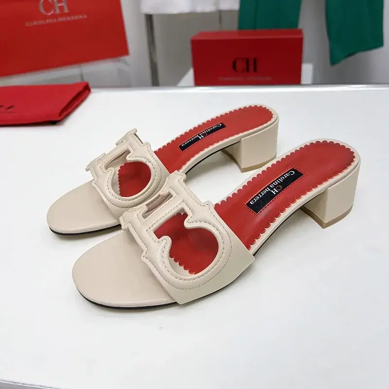 CH Cutout Design Elegant Office Low Heeled Women's Sandals Minimalist Style Crystal Women's Home Slippers