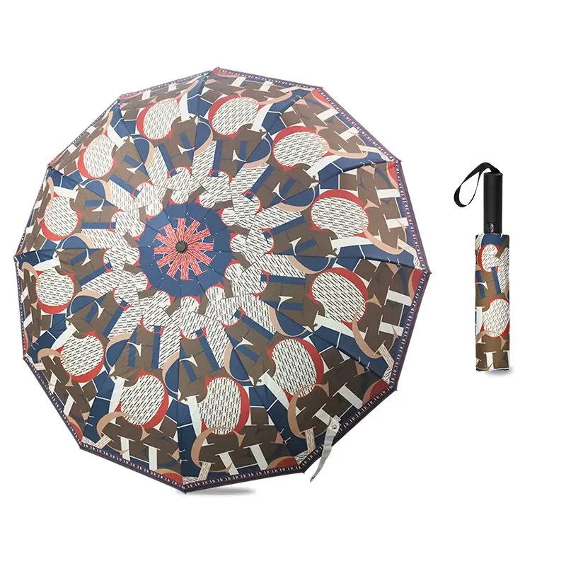 CH Printed Creative Letter Design Windproof Automatic Commuter Folding Umbrella Straight Handle Multifunctional Umbrella Commute
