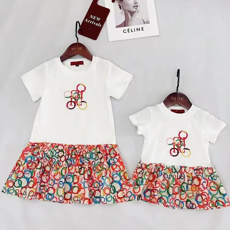 CH High Quality Sweet Girl Fashion Multicolor Circle Print T-Shirt Pleated Chiffon Skirt Apparel 2025 New Holiday Gift for Girls