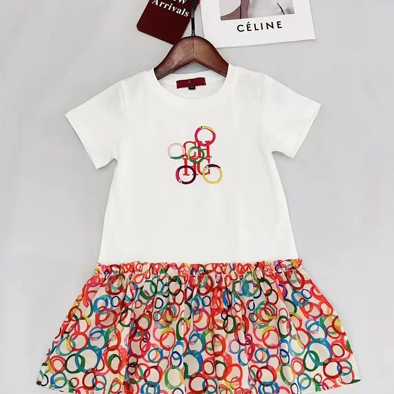 CH High Quality Sweet Girl Fashion Multicolor Circle Print T-Shirt Pleated Chiffon Skirt Apparel 2025 New Holiday Gift for Girls