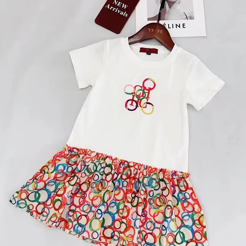 CH High Quality Sweet Girl Fashion Multicolor Circle Print T-Shirt Pleated Chiffon Skirt Apparel 2025 New Holiday Gift for Girls
