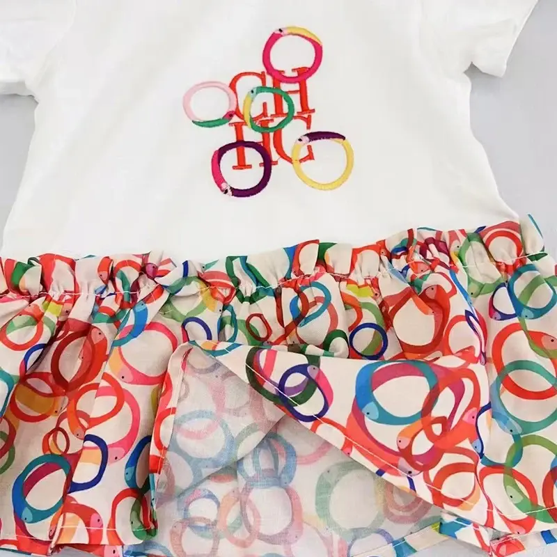CH High Quality Sweet Girl Fashion Multicolor Circle Print T-Shirt Pleated Chiffon Skirt Apparel 2025 New Holiday Gift for Girls