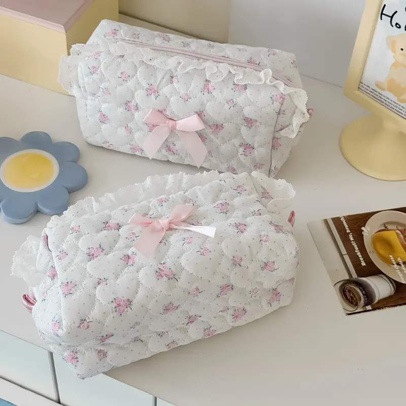 Pink Floral Bow Cosmetic Bag Cute Lace Makeup Pouch Large Capacity Women Cosmetic Organizer Storage Bags
