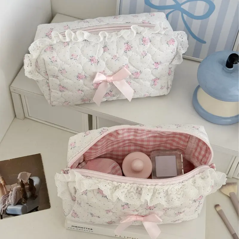 Pink Floral Bow Cosmetic Bag Cute Lace Makeup Pouch Large Capacity Women Cosmetic Organizer Storage Bags