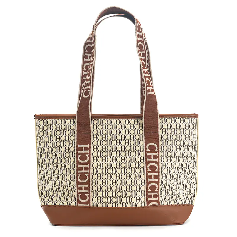 CH Fashion Style Monogram Print Canvas Strap Design Classic Women's Tote Bag Commuting Essentials Large Capacity Handbag