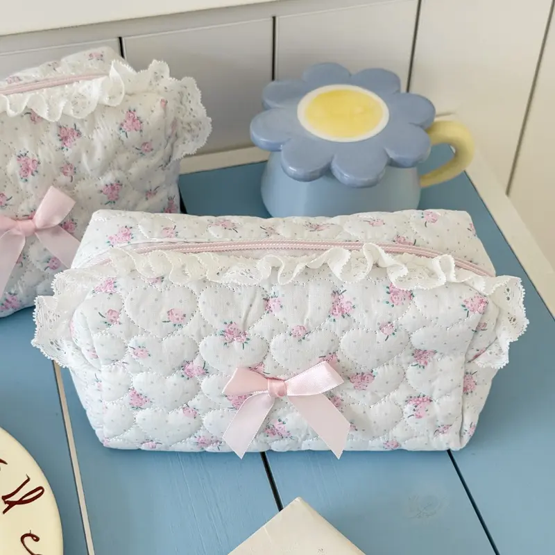 Pink Floral Bow Cosmetic Bag Cute Lace Makeup Pouch Large Capacity Women Cosmetic Organizer Storage Bags