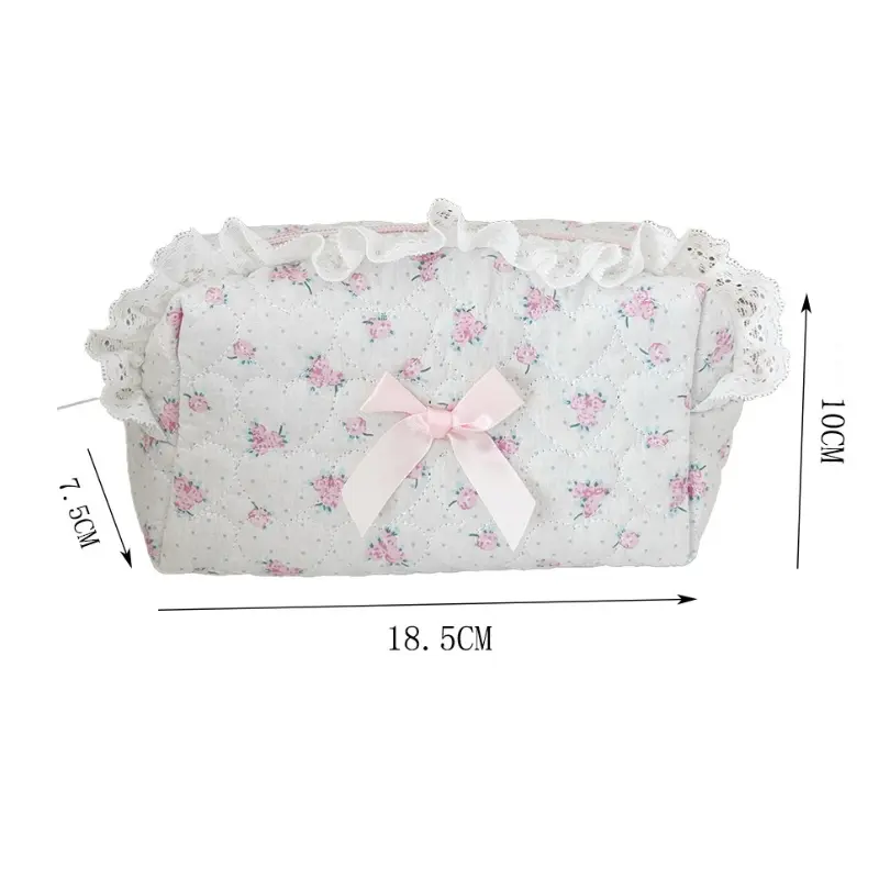 Pink Floral Bow Cosmetic Bag Cute Lace Makeup Pouch Large Capacity Women Cosmetic Organizer Storage Bags