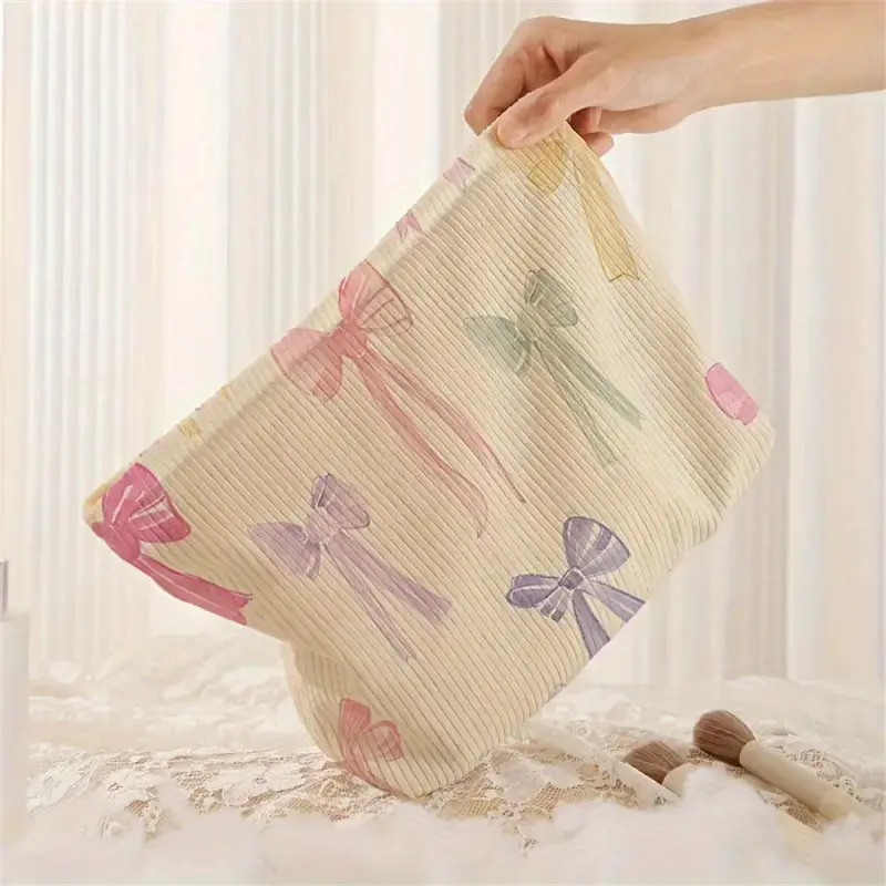 Large Bow Printed Corduroy Makeup Bag Korean Women Zipper Makeup Storage Box Multifunctional Travel Cosmetic Organizer Bag