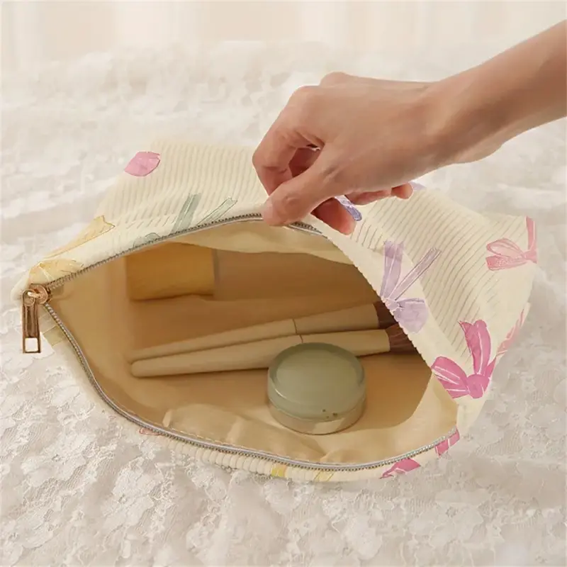 Large Bow Printed Corduroy Makeup Bag Korean Women Zipper Makeup Storage Box Multifunctional Travel Cosmetic Organizer Bag