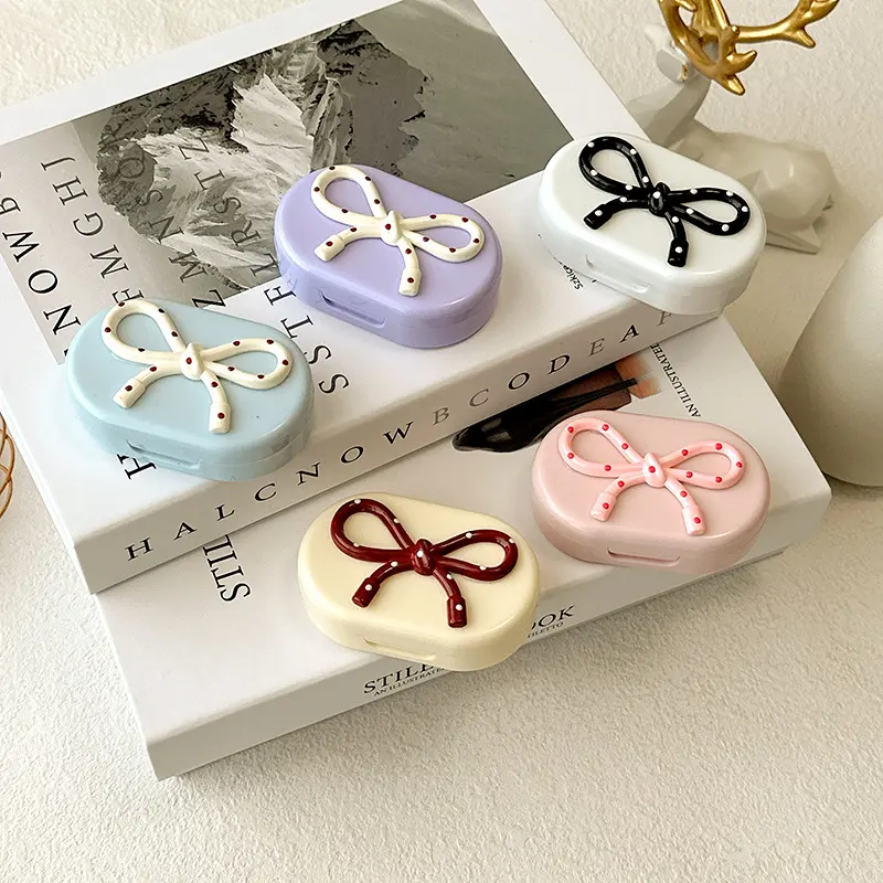 Candy Color Contact Lenses Box Cute Bow Portable Contact Lens Case with Tweezer Suction Stick Set for Travel Kit Holder