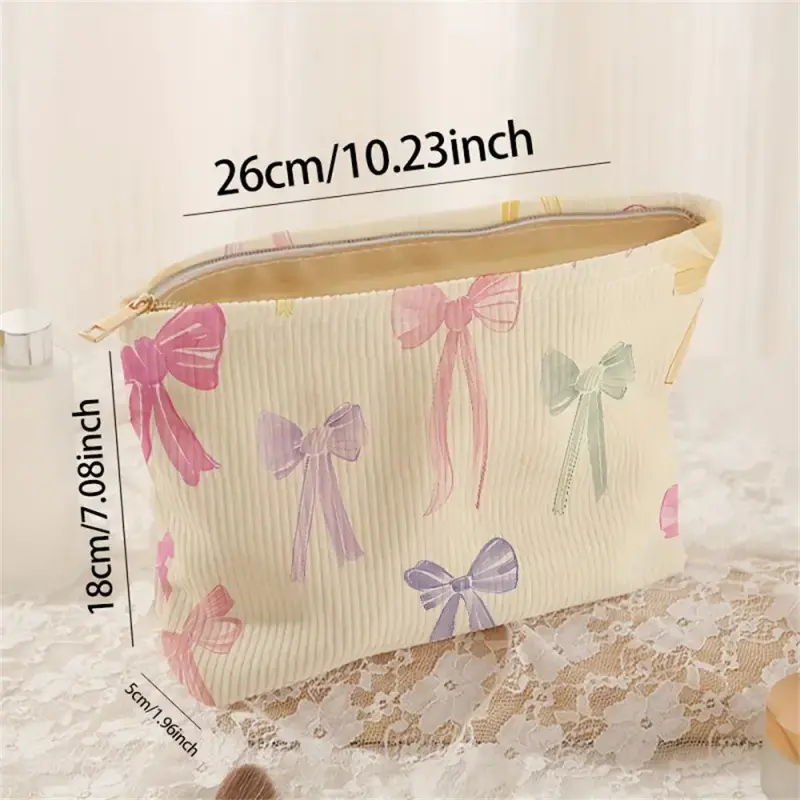 Large Bow Printed Corduroy Makeup Bag Korean Women Zipper Makeup Storage Box Multifunctional Travel Cosmetic Organizer Bag