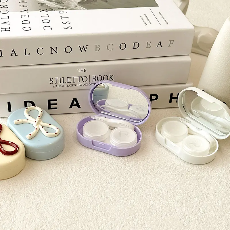 Candy Color Contact Lenses Box Cute Bow Portable Contact Lens Case with Tweezer Suction Stick Set for Travel Kit Holder