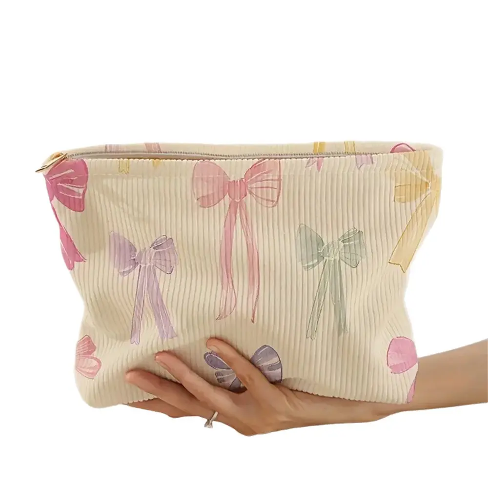 Large Bow Printed Corduroy Makeup Bag Korean Women Zipper Makeup Storage Box Multifunctional Travel Cosmetic Organizer Bag