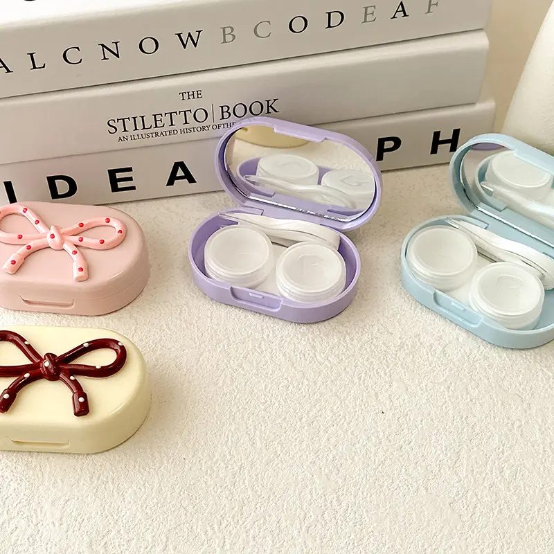 Candy Color Contact Lenses Box Cute Bow Portable Contact Lens Case with Tweezer Suction Stick Set for Travel Kit Holder