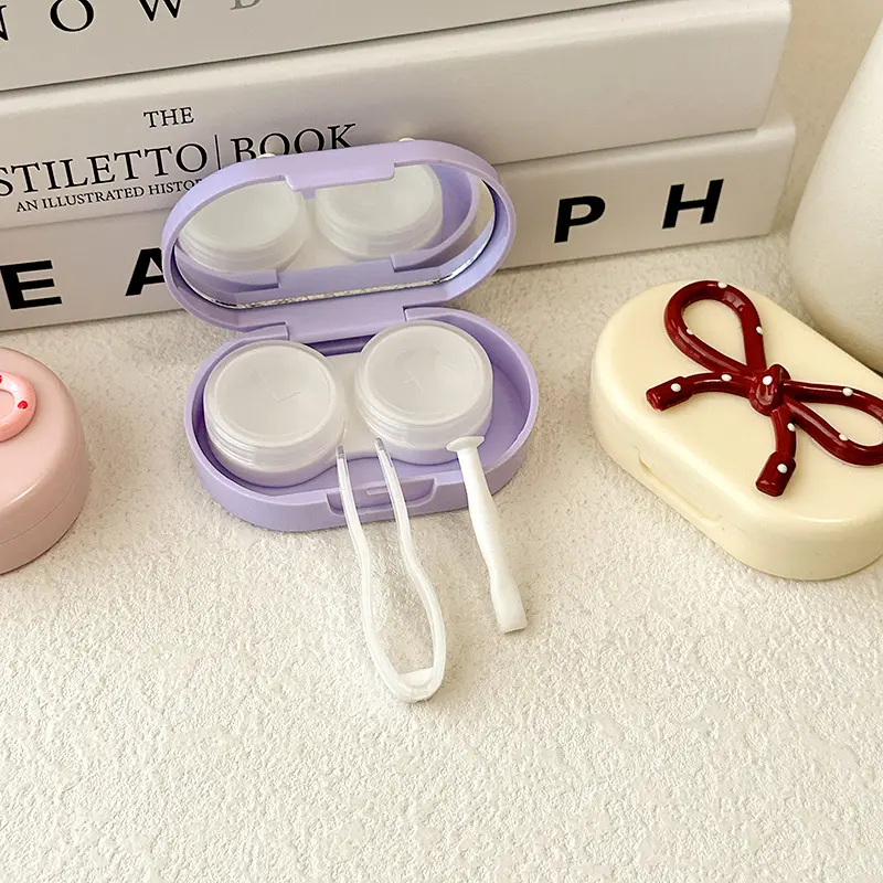 Candy Color Contact Lenses Box Cute Bow Portable Contact Lens Case with Tweezer Suction Stick Set for Travel Kit Holder