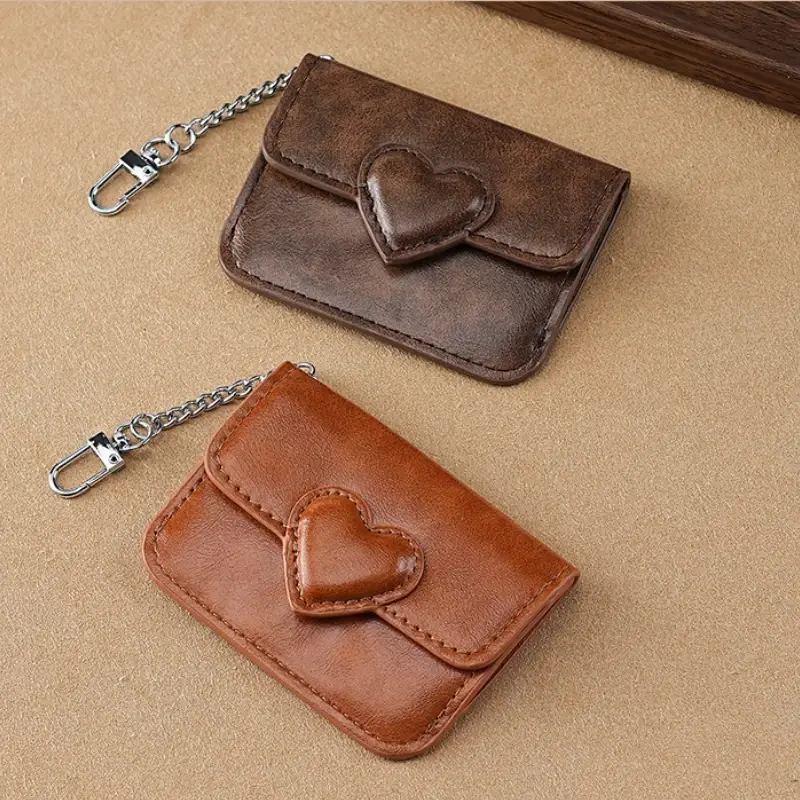 Women Cute Heart Shaped PU Leather Card Holder Key Chain Wallet Vintage Travel Cash Coin Purse