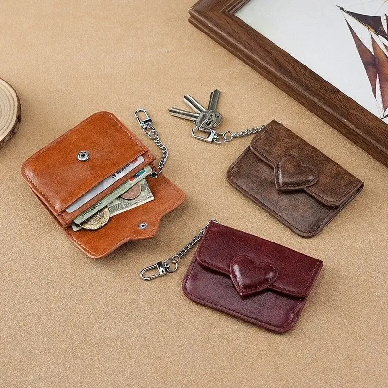Women Cute Heart Shaped PU Leather Card Holder Key Chain Wallet Vintage Travel Cash Coin Purse