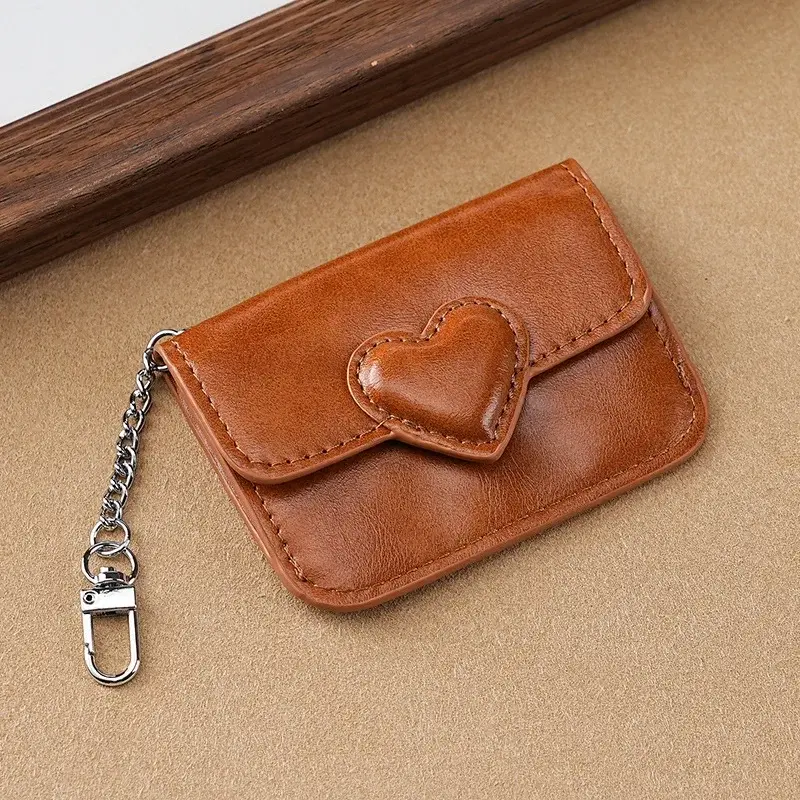 Women Cute Heart Shaped PU Leather Card Holder Key Chain Wallet Vintage Travel Cash Coin Purse