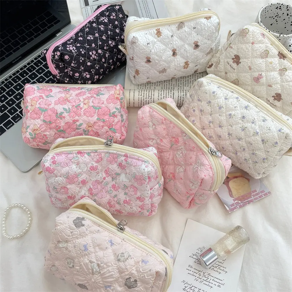 Pink Flower Women Cute Makeup Bag Travel Organizer Cosmetic Coins Handbag Pouch Girls Cute Cartoon Square Zipper Cosmetic Bags