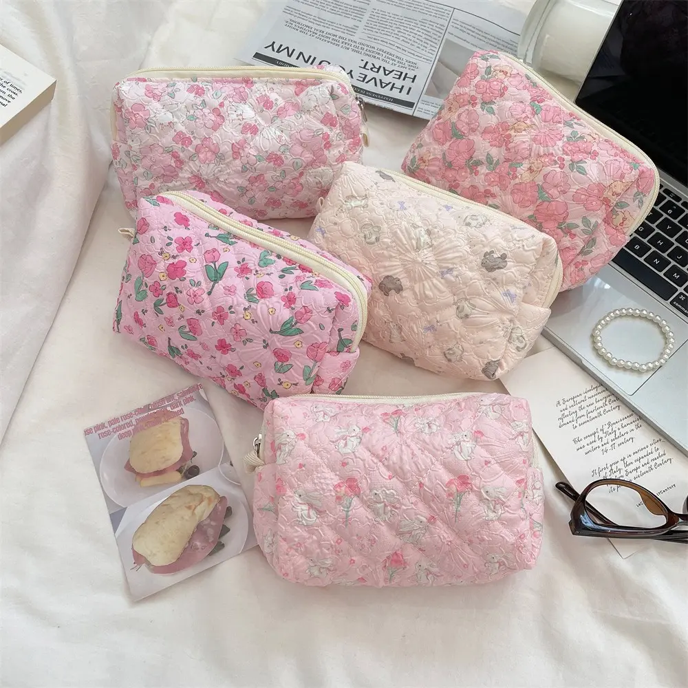 Pink Flower Women Cute Makeup Bag Travel Organizer Cosmetic Coins Handbag Pouch Girls Cute Cartoon Square Zipper Cosmetic Bags