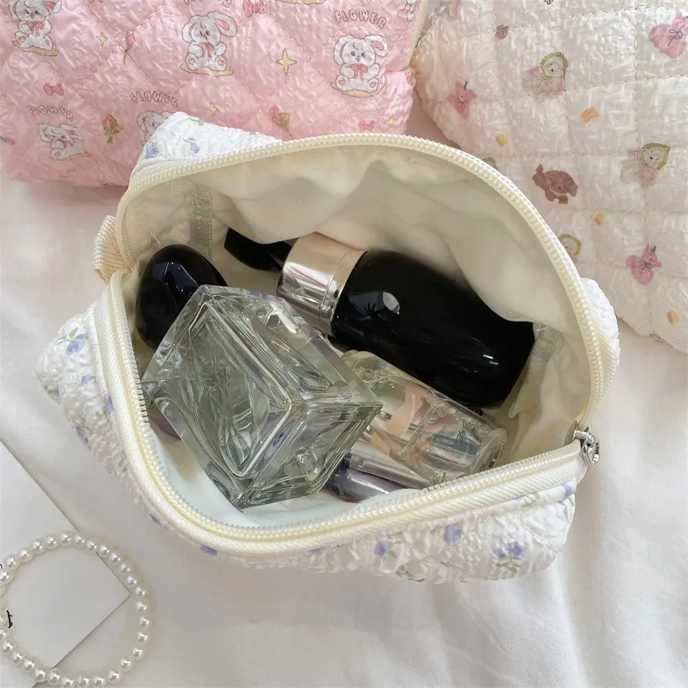 Pink Flower Women Cute Makeup Bag Travel Organizer Cosmetic Coins Handbag Pouch Girls Cute Cartoon Square Zipper Cosmetic Bags
