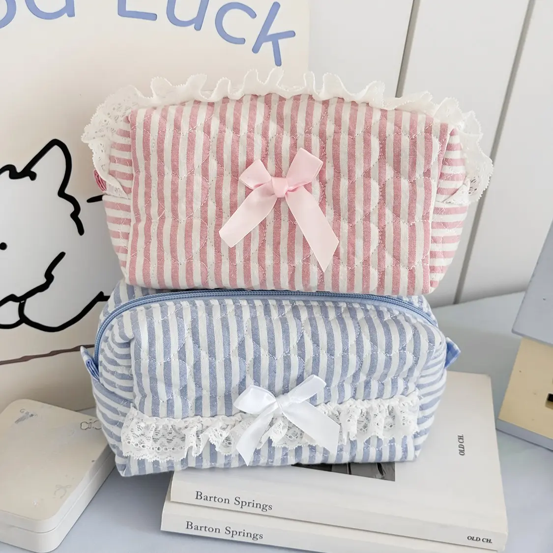 Pink Blue Bow Striped Cosmetic Bag Cute Lace Makeup Pouch Large Capacity Women Cosmetic Organizer Storage Bags