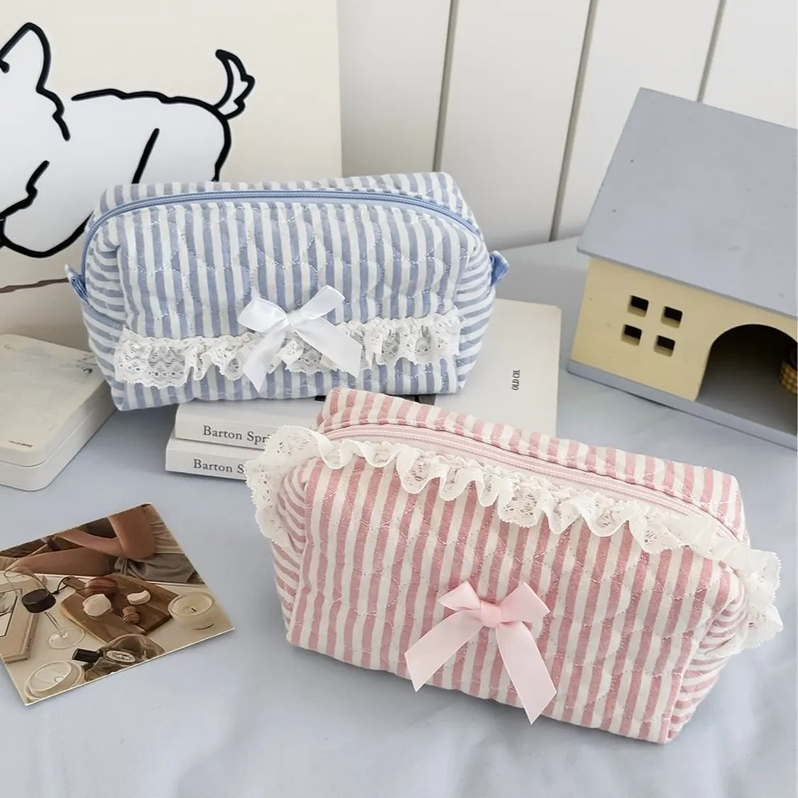 Pink Blue Bow Striped Cosmetic Bag Cute Lace Makeup Pouch Large Capacity Women Cosmetic Organizer Storage Bags