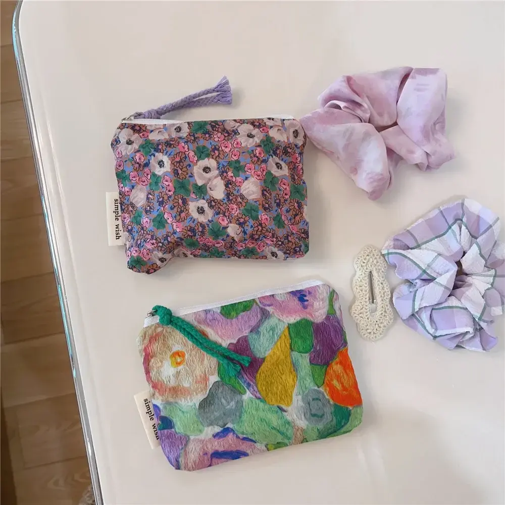 Cute Wallet Women Cotton Key Coin Purse Mini Coin Pouch Girls Floral Print Lipstick Sanitary Napkin Organizer Zipper Canvas Bags