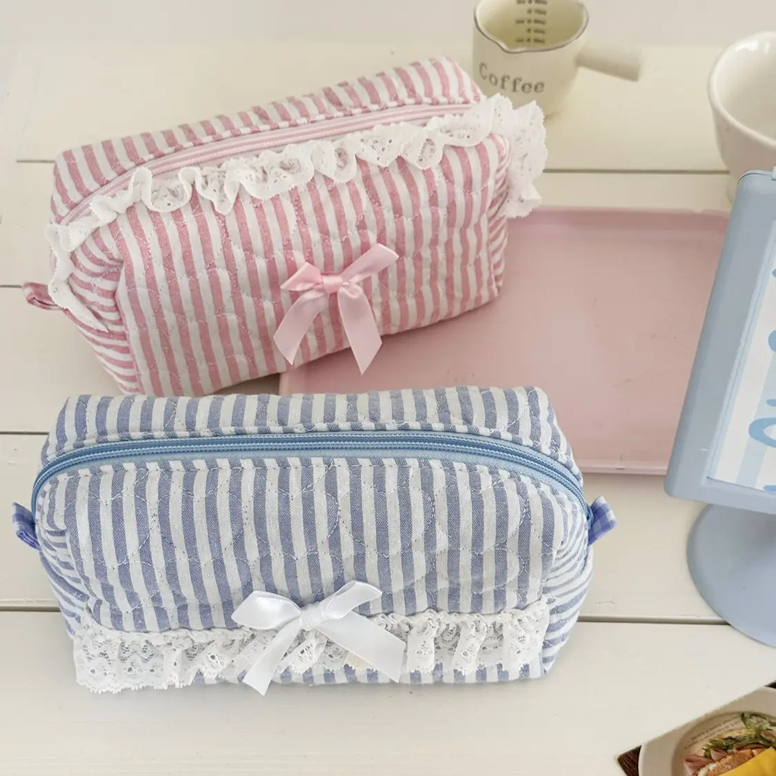 Pink Blue Bow Striped Cosmetic Bag Cute Lace Makeup Pouch Large Capacity Women Cosmetic Organizer Storage Bags