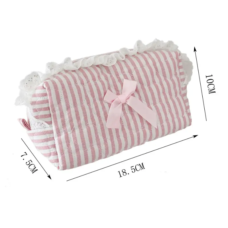 Pink Blue Bow Striped Cosmetic Bag Cute Lace Makeup Pouch Large Capacity Women Cosmetic Organizer Storage Bags