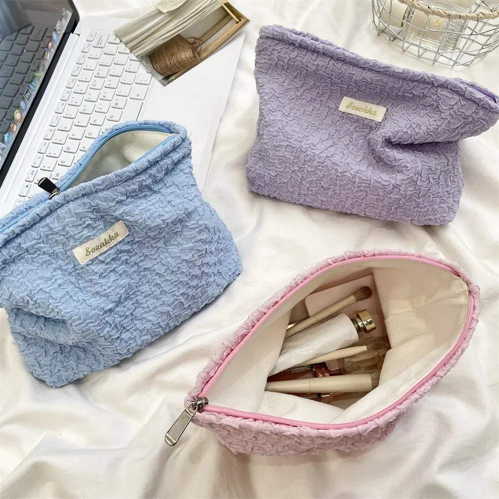 New Solid Color Canvas Clutch Cosmetic Bag Large Capacity Makeup Pouch Toiletries Bag Travel Outdoor Makeup Storage Beauty Case