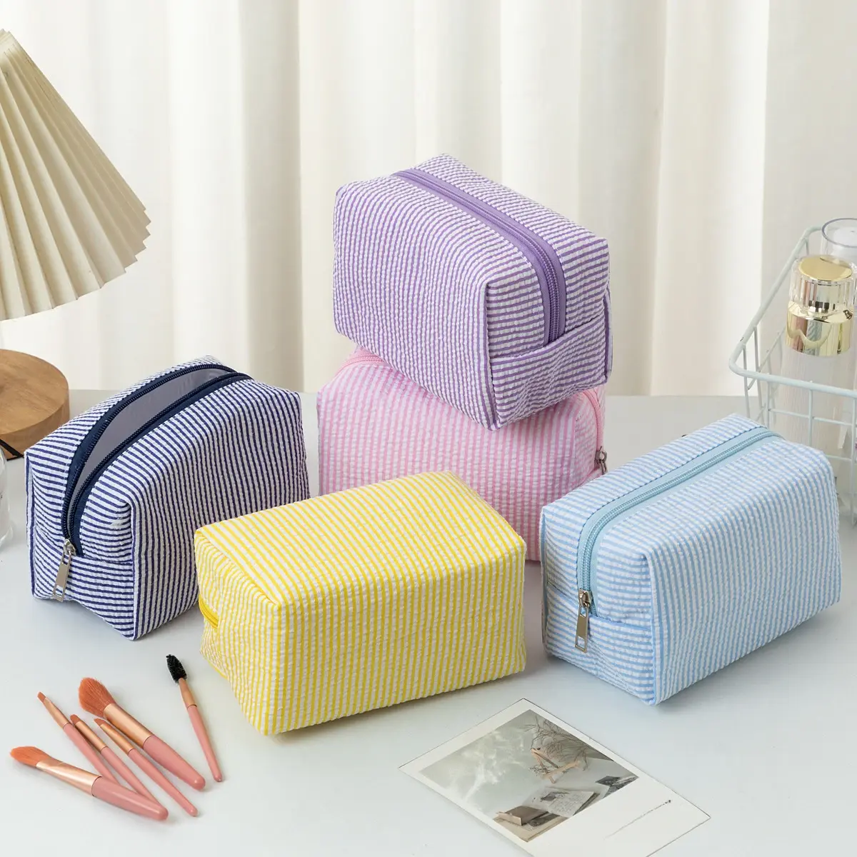 Cosmetic Bags Pink/Purple Striped Storage Make Up Bags for Women Lady with Zipper Travel Organizer Makeup Bag