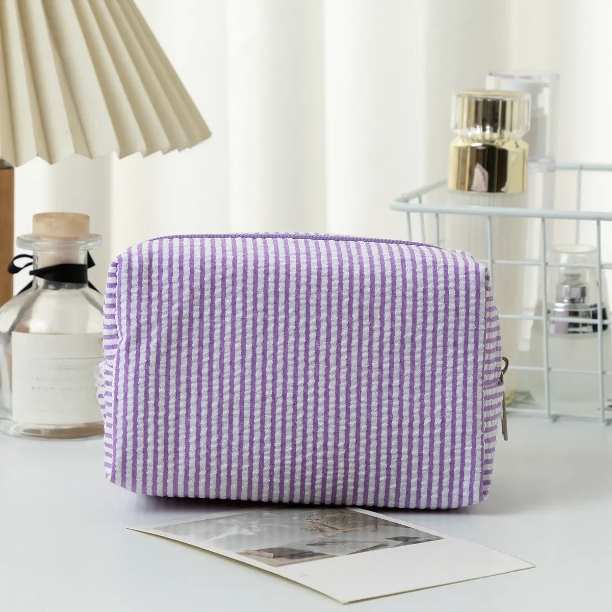 Cosmetic Bags Pink/Purple Striped Storage Make Up Bags for Women Lady with Zipper Travel Organizer Makeup Bag