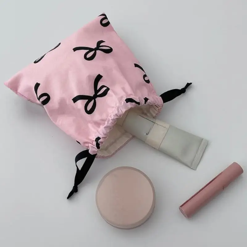 Korean Bow Printed Mini Drawstring Bag Cosmetic Storage Pouch Women Wallet Sweet Kawaii String Mini Pouch Girl Storage Mini Bag