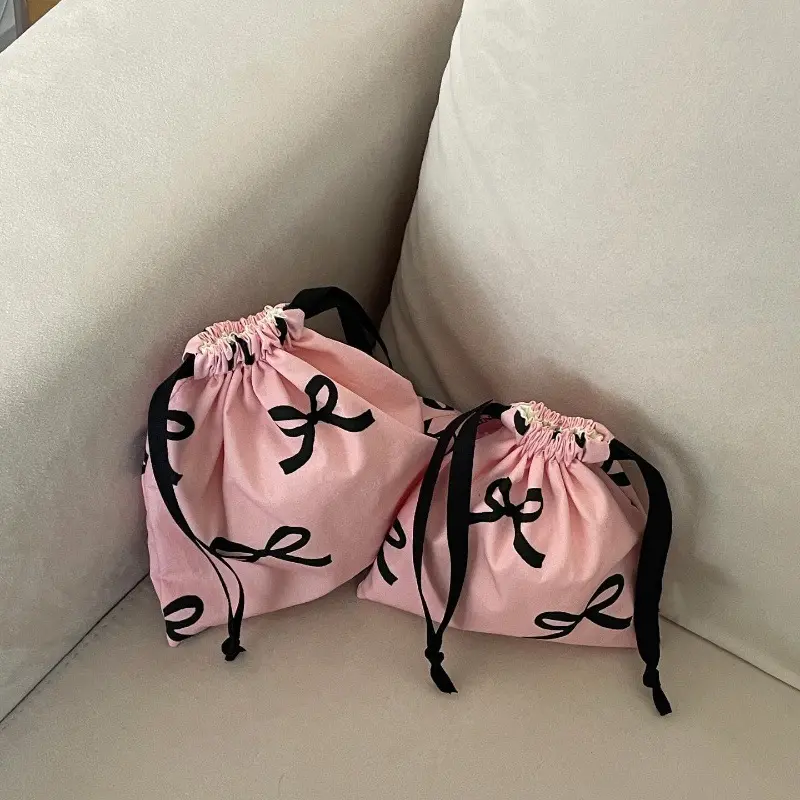 Korean Bow Printed Mini Drawstring Bag Cosmetic Storage Pouch Women Wallet Sweet Kawaii String Mini Pouch Girl Storage Mini Bag