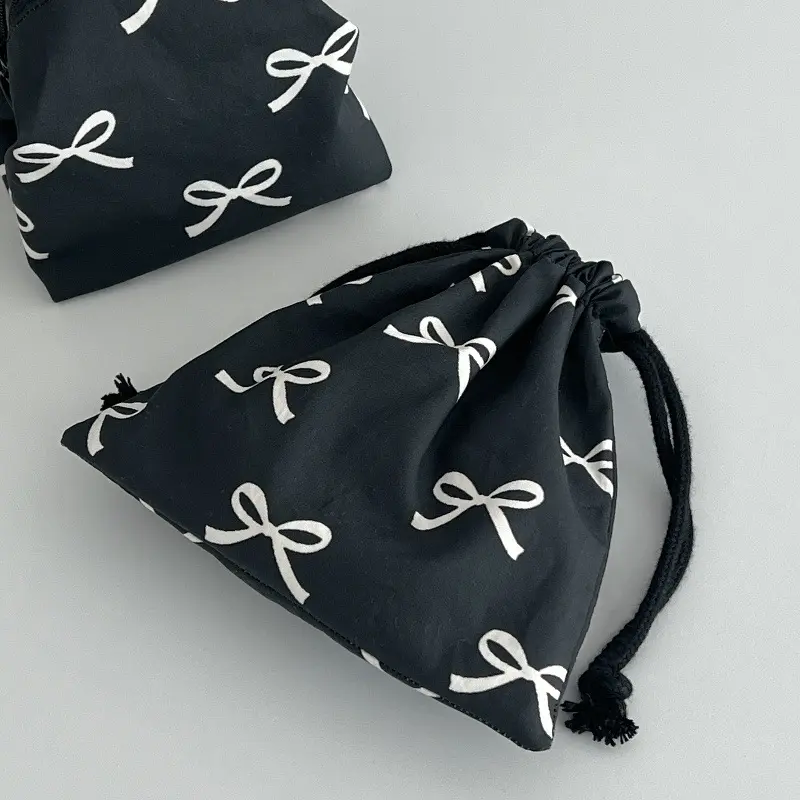 Korean Bow Printed Mini Drawstring Bag Cosmetic Storage Pouch Women Wallet Sweet Kawaii String Mini Pouch Girl Storage Mini Bag